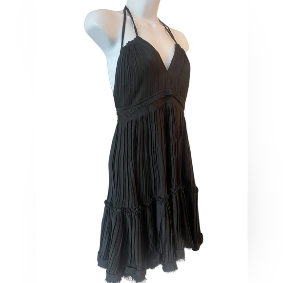 Black Halter Ruffle Mini Dress Small • Open Back • Fairycore Coachella Flowy Tie - Picture 2 of 14
